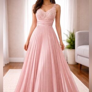 Pink pleated strapless floral gown